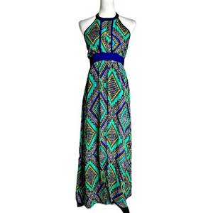 Ramona Blue Halter Top Tie Neck Maxi Dress with Short Lining‎ Sz S